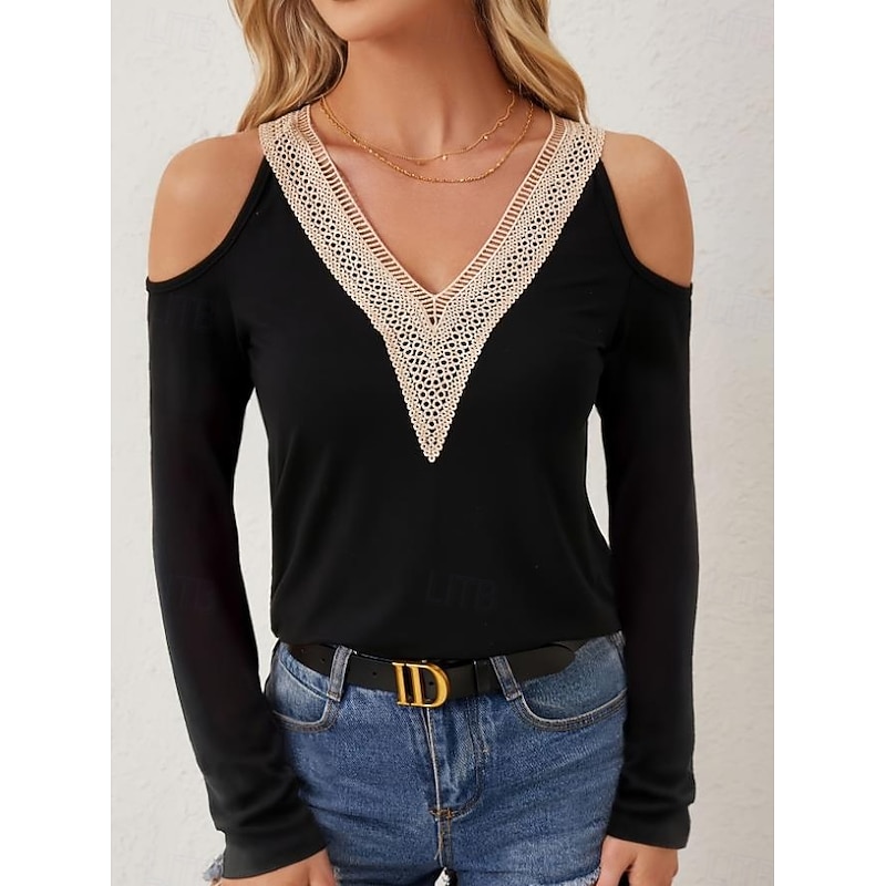 Women's Blouse Stylish Modern Cut Out Long Sleeve Regular Tops V Neck Work Daily Black White Spring Fall3