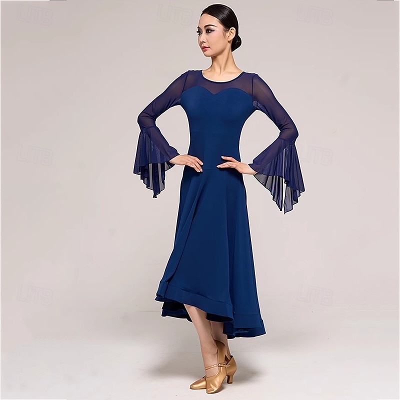 Ballroom Dance Dress Pure Color Splicing Women's Performance Party Long Sleeve Crystal Cotton Mesh3