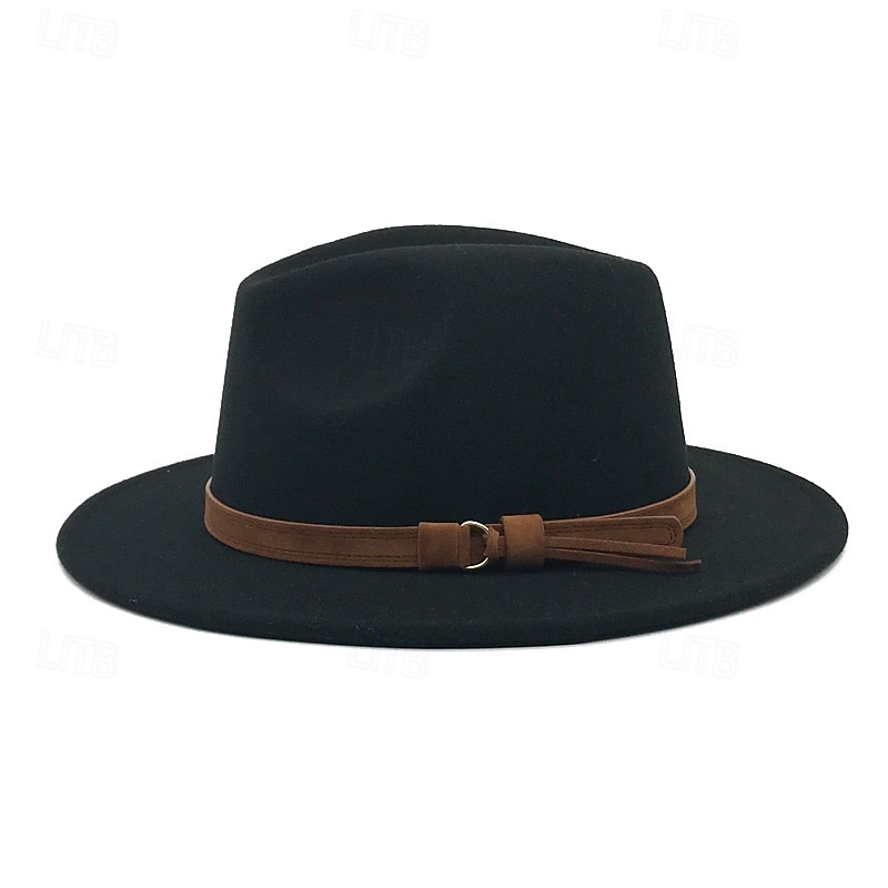 Flat Brim Wool Leather Ribbon Solid Fedoras Women Men Jazz Hat Spring Autumn Church Viking British Felt Hat Outdoor Casual Hat4