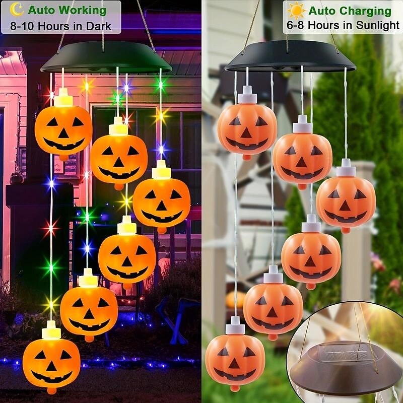 1pc Solar Halloween Pumpkin Wind Chime Light   for Outdoor Courtyard Garden Balcony Fence Light, Eerie Festive Decoration and Glow In the Dark4
