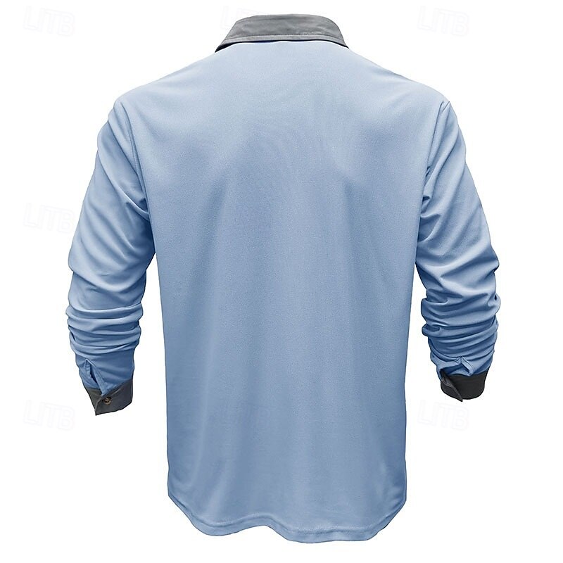 Men's Golf Shirt Golf Polo Work Casual Lapel Long Sleeve Basic Modern Color Block Patchwork Button Spring &  Fall Regular Fit Wine Black White Royal Blue Sky Blue Light Grey Golf Shirt3