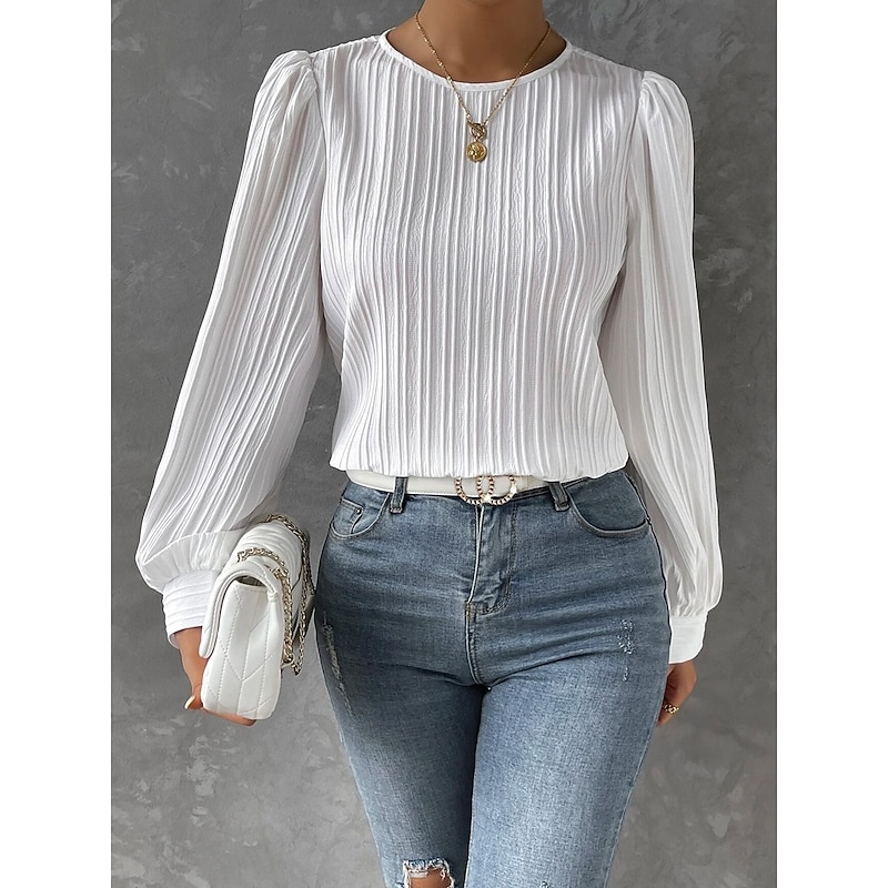 Women's Tunic Elegant Casual Solid Color Lantern Sleeve Long Sleeve Regular Tops Crew Neck Daily White Wine Blue Purple Spring Fall