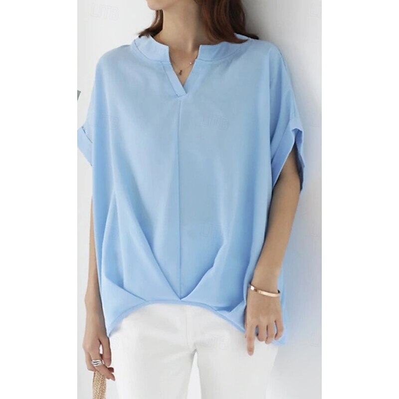 Women's Tunic Short Sleeve V Neck Navy Blue Sky Blue Summer Spring Fall