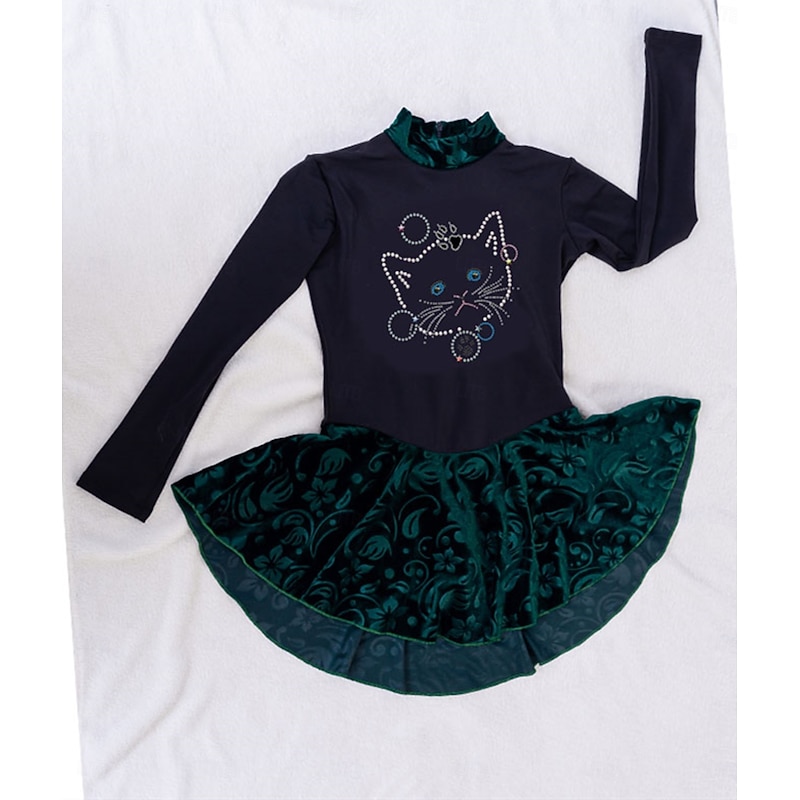 Figure Skating Dress Women's Girls' Ice Skating Dress Green Thumbhole Mesh Spandex Stretchy Training Practice Professional Skating Wear Thermal Warm Classic Crystal / Rhinestone Long Sleeve Ice4