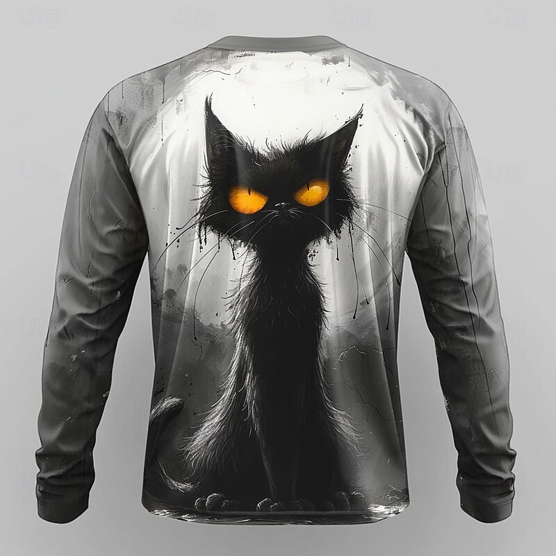 Halloween Men's Cat Funny T Shirt Long Sleeve T shirt 3D Print Crew Neck Shirt Designer Retro Vintage Street Casual Daily Gray Summer Spring Fall Clothing Apparel S M L XL XXL XXXL2