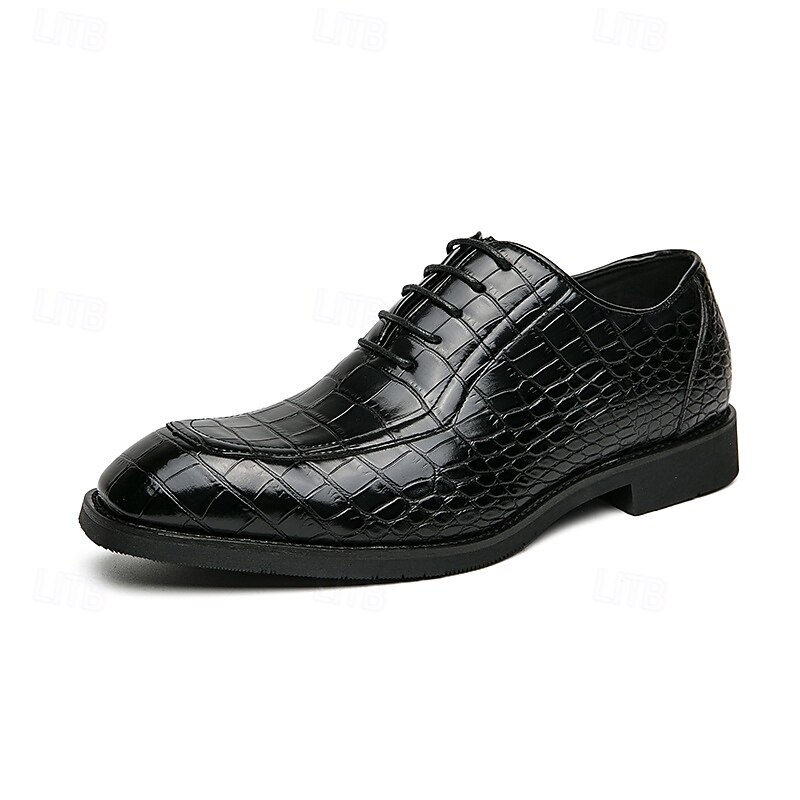 Men's Black Crocodile-Embossed Faux Leather Oxford Dress Shoes - Elegant Lace-Up Formal Footwear for Business and Special Occasions3