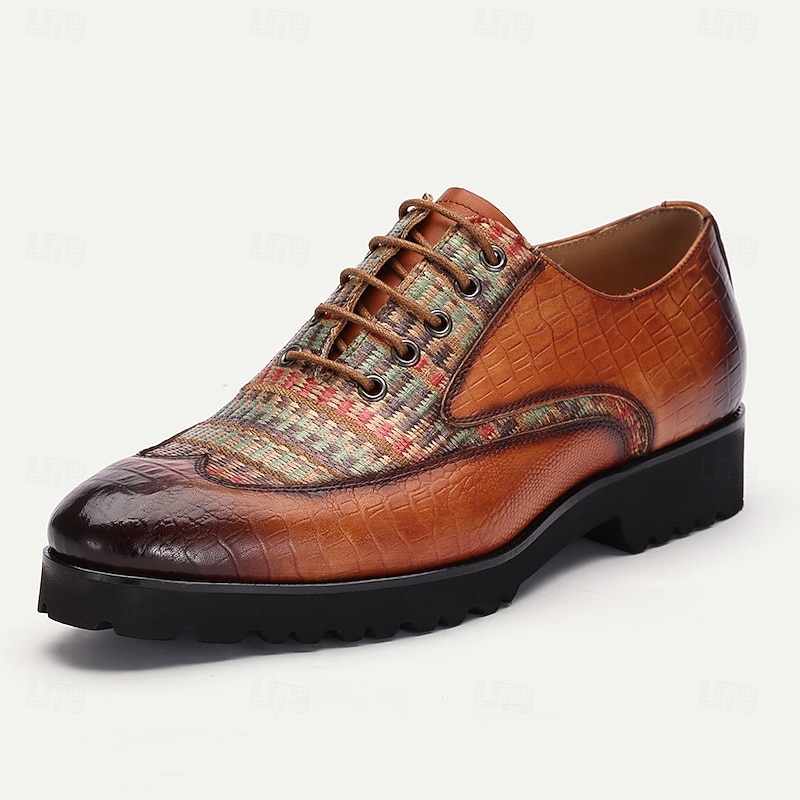 Men's Leather and Woven Pattern Oxford Shoes - Vintage Style with Crocodile Embossed Accents for Fashion-Forward Wear3