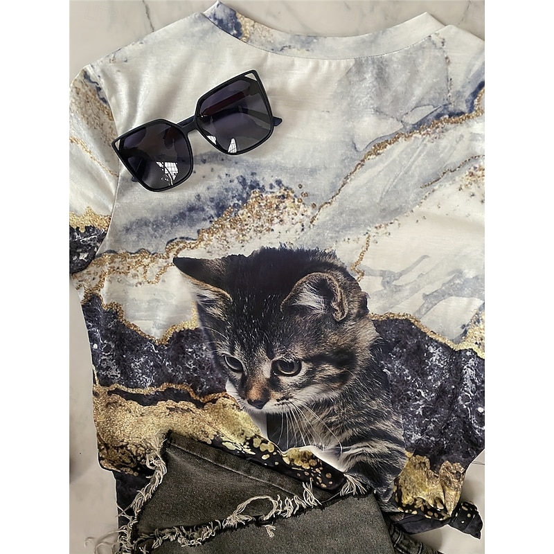 Women's T Shirt Casual Print Short Sleeve Regular Tops Daily Gray Summer2