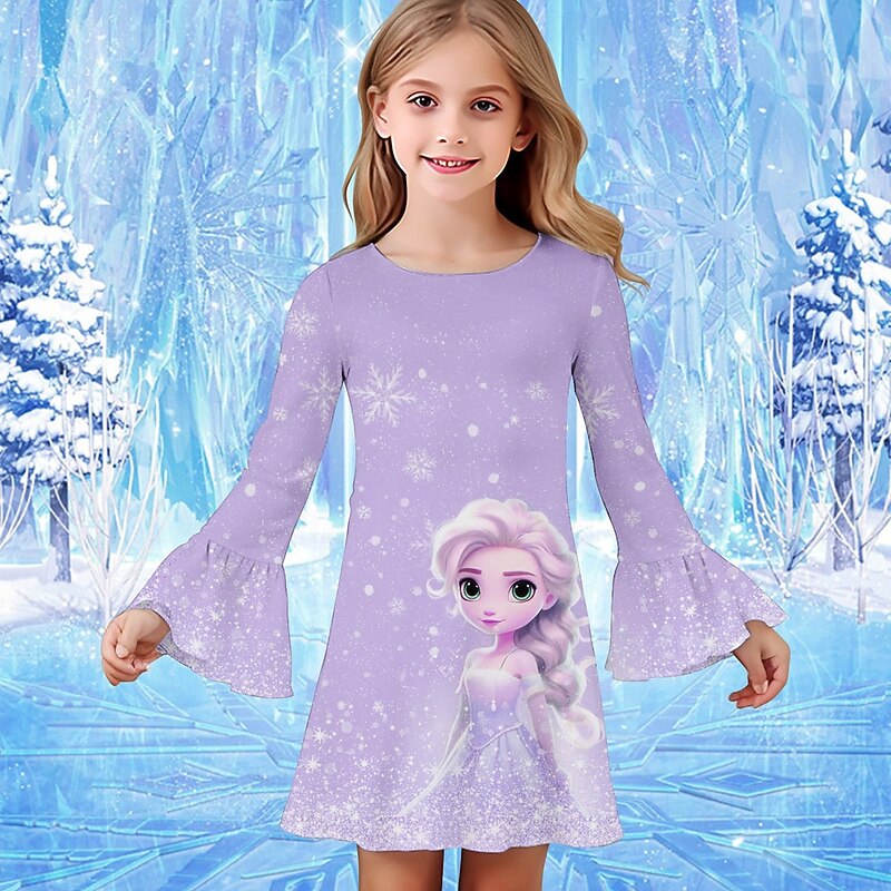 Girls' 3D Graphic Cartoon Snowflake Dress Snowflake Dress Ruffle Dress Long Sleeve Summer Spring Vacation Daily Holiday Beautiful Sweet Kids 4-12 Years Casual Dress Knee-length Regular Fit4