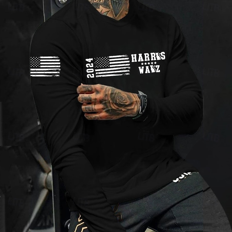 Harris Wasz 2024 Election American Flag Men's Long Sleeve Graphic Tee