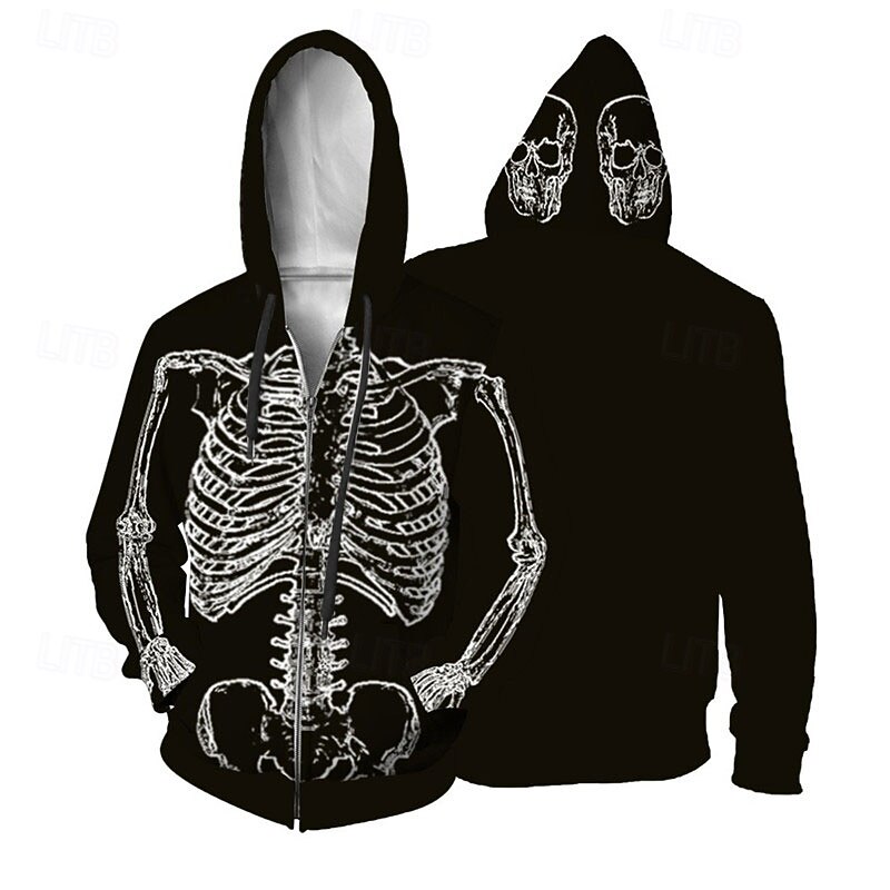 Men's Graphic Prints Skeleton Hoodie Hoodies Sweatshirt Streetwear Basic Long Sleeve Hooded Sports & Outdoor Daily Sports Black Zipper Print Spring &  Fall Designer