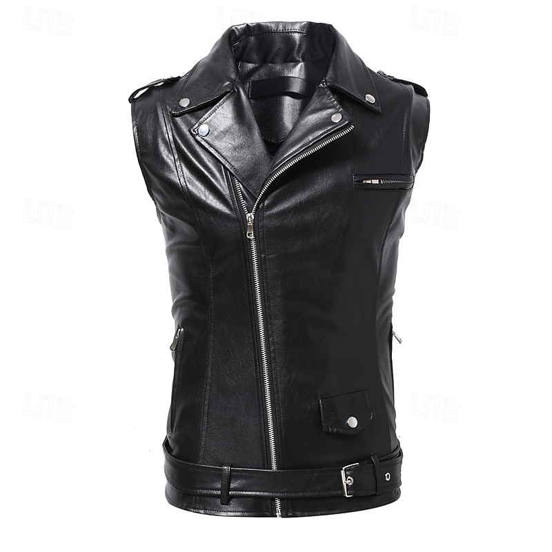 Men's Vest Gilet Leather Vest Daily Date Vacation Fashion Casual Spring &  Fall Button Pocket Polyester Comfortable Plain Zipper Lapel Regular Fit Black Vest