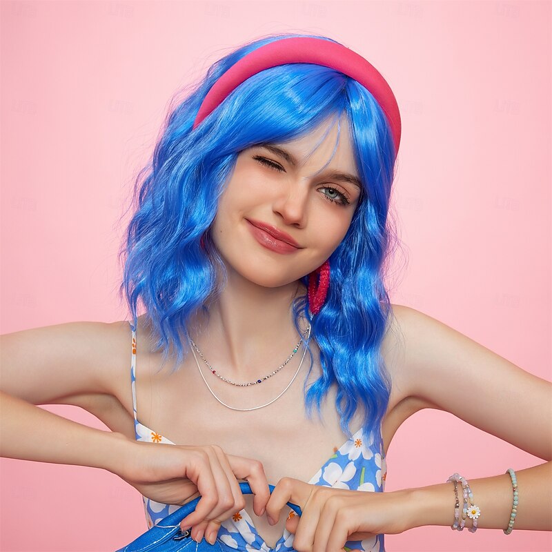 Synthetic Wig Uniforms Career Costumes Princess Curly Wavy Middle Part Layered Haircut Machine Made Wig 14 inch Royal Blue Synthetic Hair Women's Cosplay Party Fashion Blue3