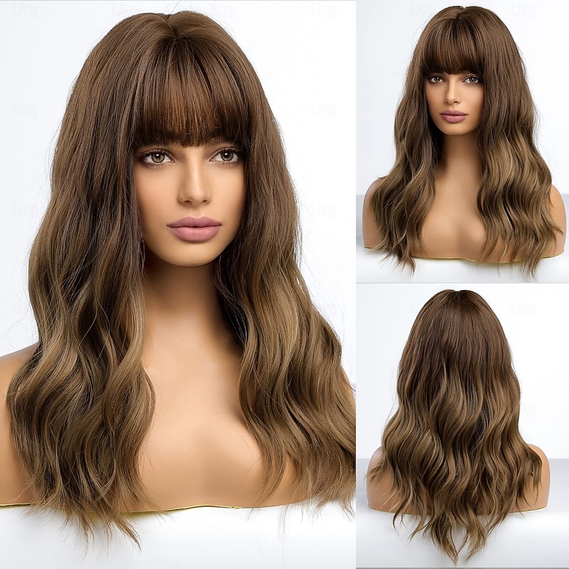 Long Wave Wigs With Bangs Curly Wigs for Women Heat Resistant Synthetic Wigs