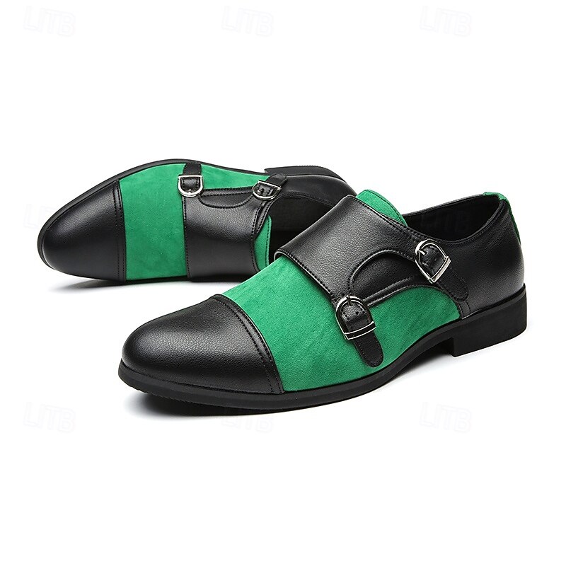Men's Green and Black Monk Strap Dress Shoes with Double Buckles - Stylish Suede and Faux Leather Formal Footwear3
