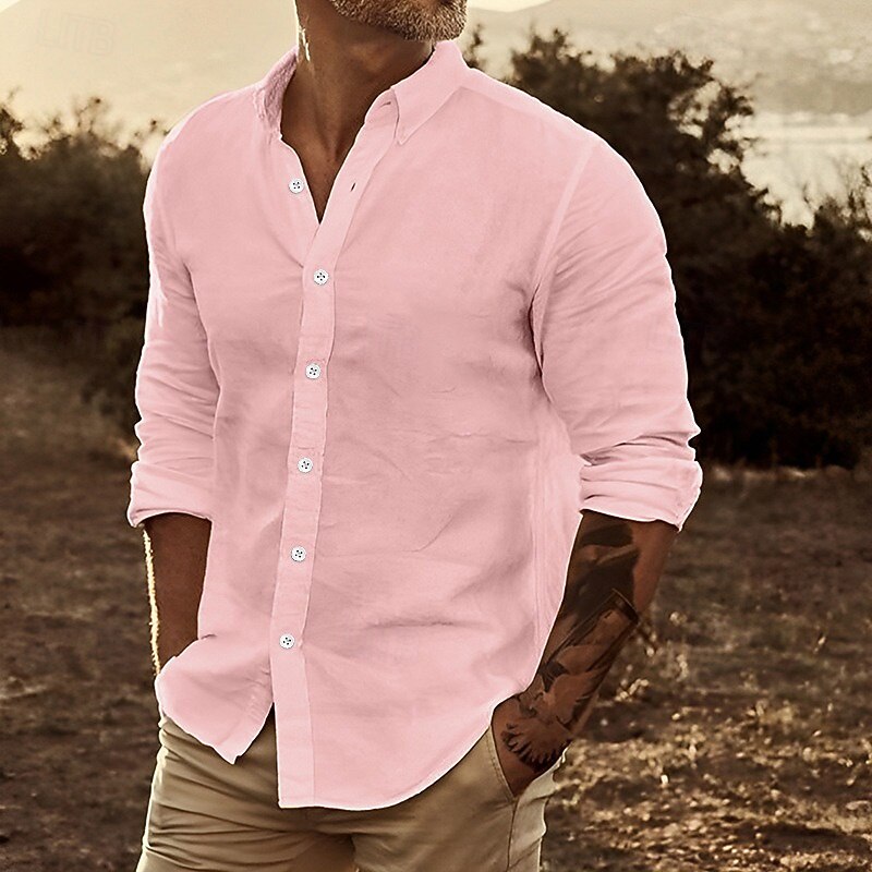 Men's Linen Shirt Summer Shirt Beach Wear Button Up Shirt Untucked Shirts Plain Vacation Casual White Yellow Pink Blue Long Sleeve Lapel Spring & Summer Clothing Apparel3