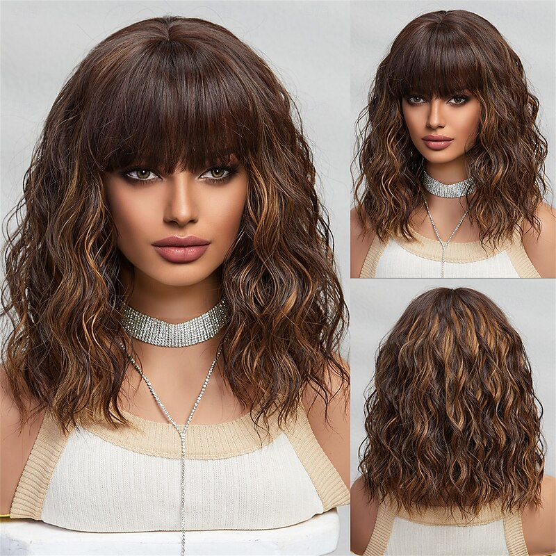 Cosplay Costume Wig Curly Bouncy Curl Bob Neat Bang With Bangs Wig 14 inch Black / Brown Synthetic Hair Women's Elastic Adorable Comfortable Black