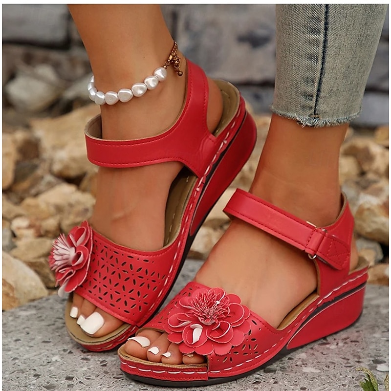 Women's Red Wedge Sandals with Floral Embellishments and Adjustable Ankle Strap for Summer and Casual Outfits3