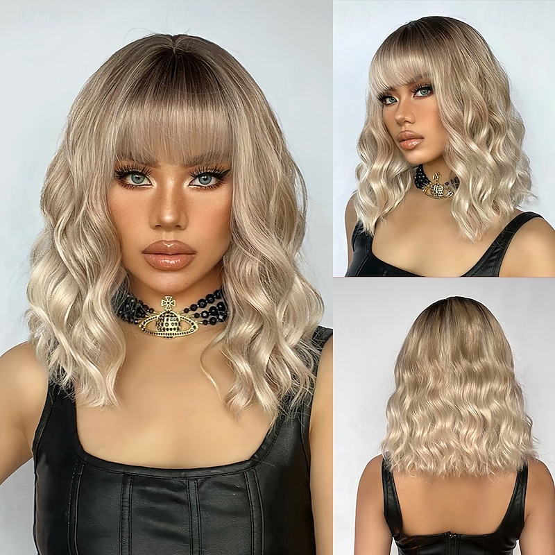 Cosplay Costume Wig Curly Bouncy Curl Bob Neat Bang With Bangs Wig 14 inch Light golden Synthetic Hair Women's Elastic Adorable Comfortable Blonde