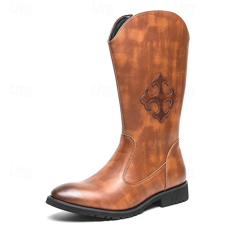 Men's Brown Western Cowboy Boots with Embossed Design and Side Zipper, Perfect for Outdoor and Casual Wear3