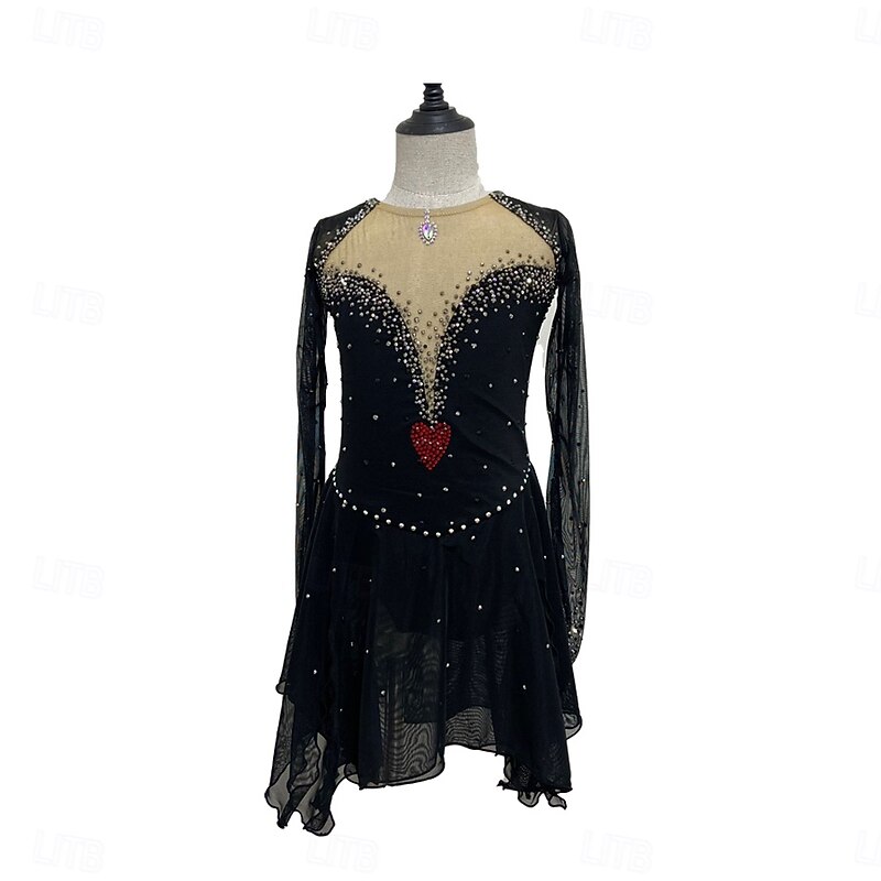 Figure Skating Dress Women's Girls' Ice Skating Dress Black Patchwork Thumbhole Stretchy Training Practice Professional Skating Wear Crystal / Rhinestone Long Sleeve Ice Skating Figure Skating