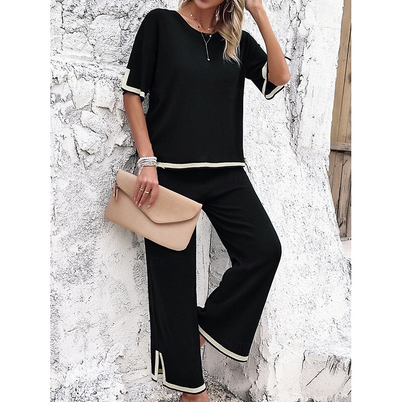 Women's Sets Pure Color Casual Comfort Daily Viscose Breathable Crew Neck Short Sleeve T shirt Tee Pant Summer Spring Home Outfits3