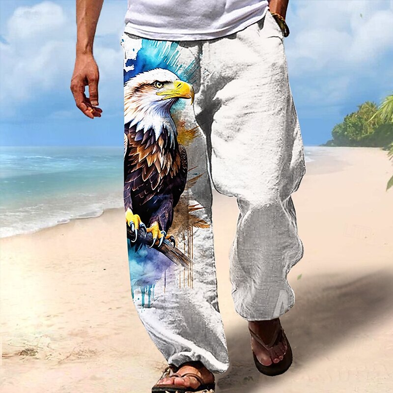 Men's Eagle Mid Waist Hawaiian Casual Casual Holiday Straight Leg Trousers Summer Spring 3D Print White