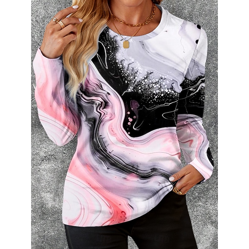 Women's T shirt Crew Neck Long Sleeve Tunic Casual Print Regular Tops Daily Pink Blue Orange Spring Fall