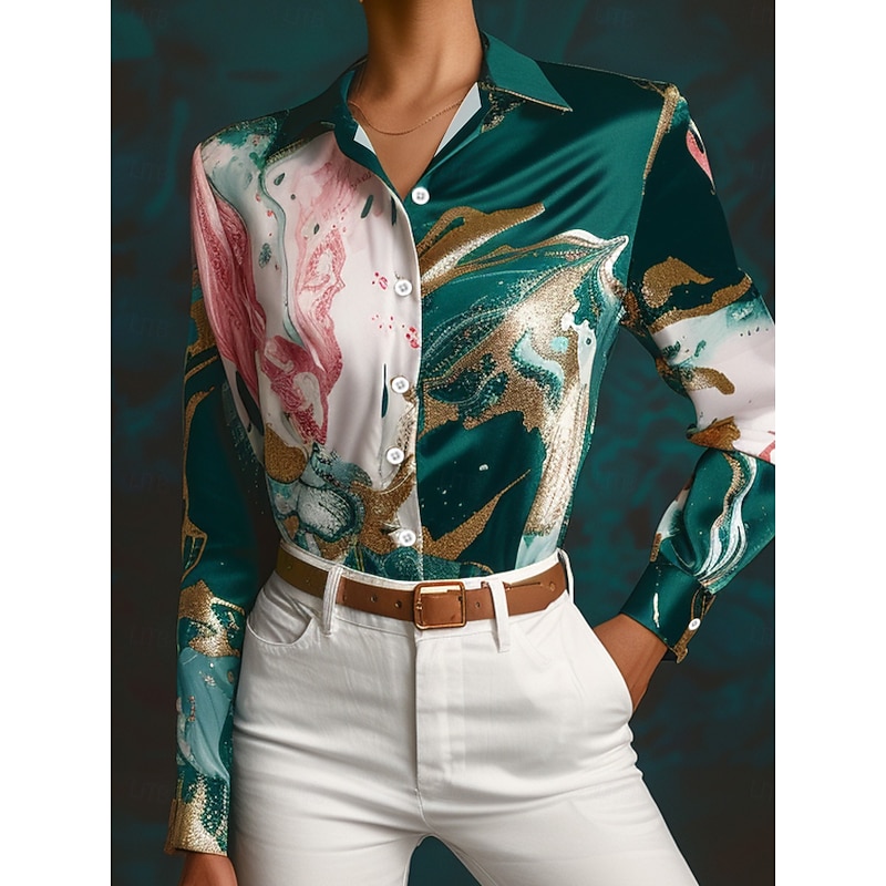 Women's Shirt Long Sleeve Button Down Blouse Elegant Stylish Business Print Regular Tops Shirt Collar Work Green Summer Fall Winter