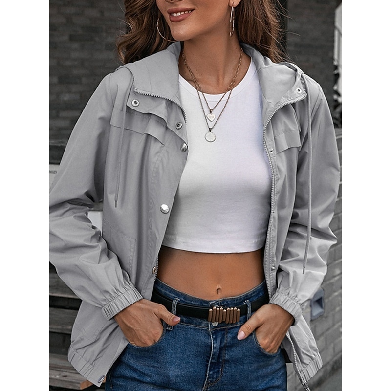 Women's Casual Jacket Outdoor Zipper Solid Color Waterproof Fashion Regular Fit Outerwear Long Sleeve Fall Black S3