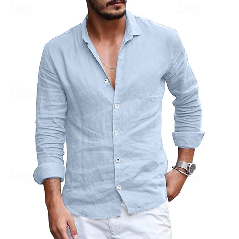 Men's Linen Shirt Summer Shirt Beach Wear Casual Shirt Button Up Shirt Plain Casual Daily Black White Light Sky Blue Gray Long Sleeve Camp Collar Spring & Summer Clothing Apparel3