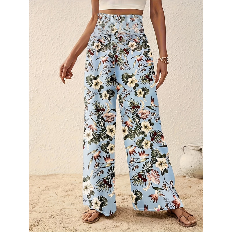 Women's Wide Leg Pants Trousers Casual Daily Long Floral Wide Leg Printing Breathability Comfortable Micro-elastic Vacation Weekend Pink Navy Blue Blue Apricot Spring & Summer Regular Fit