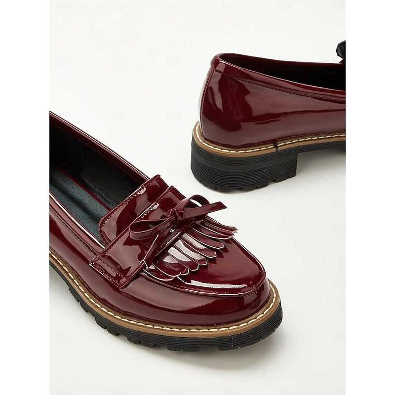 Women's Burgundy Patent Leather Loafers with Fringe Tassel Detail and Chunky Heel, Perfect for Office Wear and Casual Outfits4