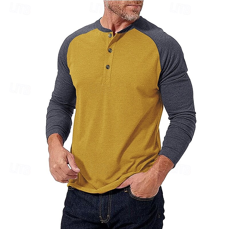 Men's Button T Shirt T Shirt Henley Shirt Tee Long Sleeve Henley Spring &  Fall Color Block Fashion Designer Basic Patchwork Vacation Street Going out Black Dark Red Yellow Top Tee for Men4