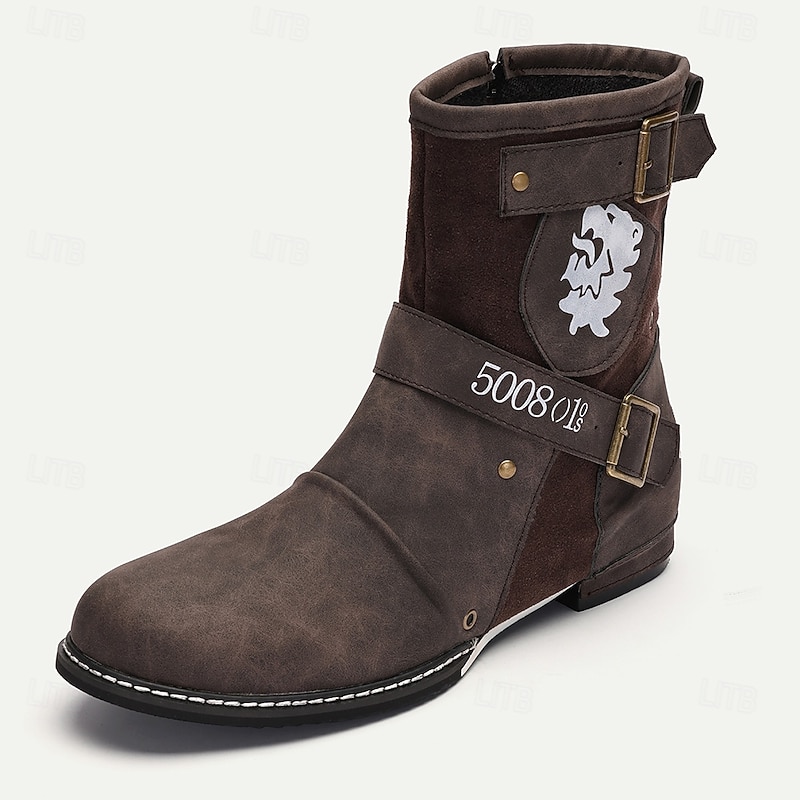 Men's Steampunk Motorcycle Boots with Double Buckle Straps and Embossed Lion Design - Brown Faux Leather Ankle Boots2