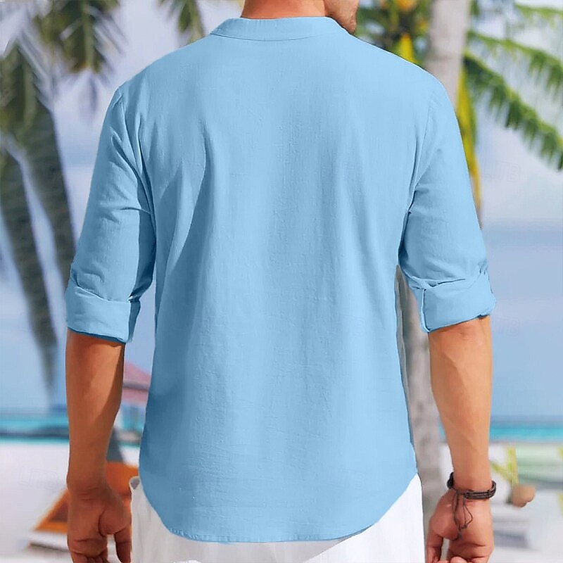 Men's Shirt Linen Shirt Band Collar Shirt Summer Shirt Beach Wear Button Up Shirt Plain Vacation Curise Black White Blue Long Sleeve Band Collar Spring & Summer Clothing Apparel Double Breasted2