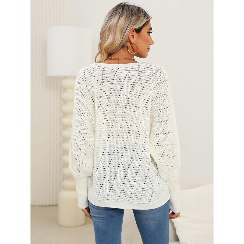 Women's Sweater Elegant Daily Solid Color V Neck Lace Patchwork Long Sleeve Regular Tops Knit Home Work Black White Fall Winter3