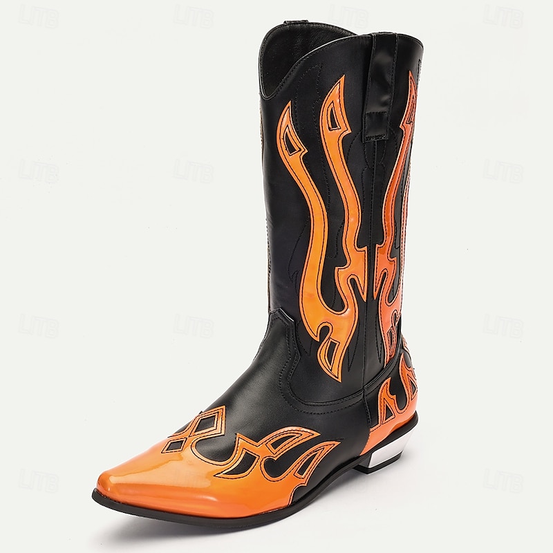 Men's Black and Orange Mid-Calf Western Cowboy Boots - Bold Flame Design with High-Gloss Finish for Rodeo and Fashion Wear4