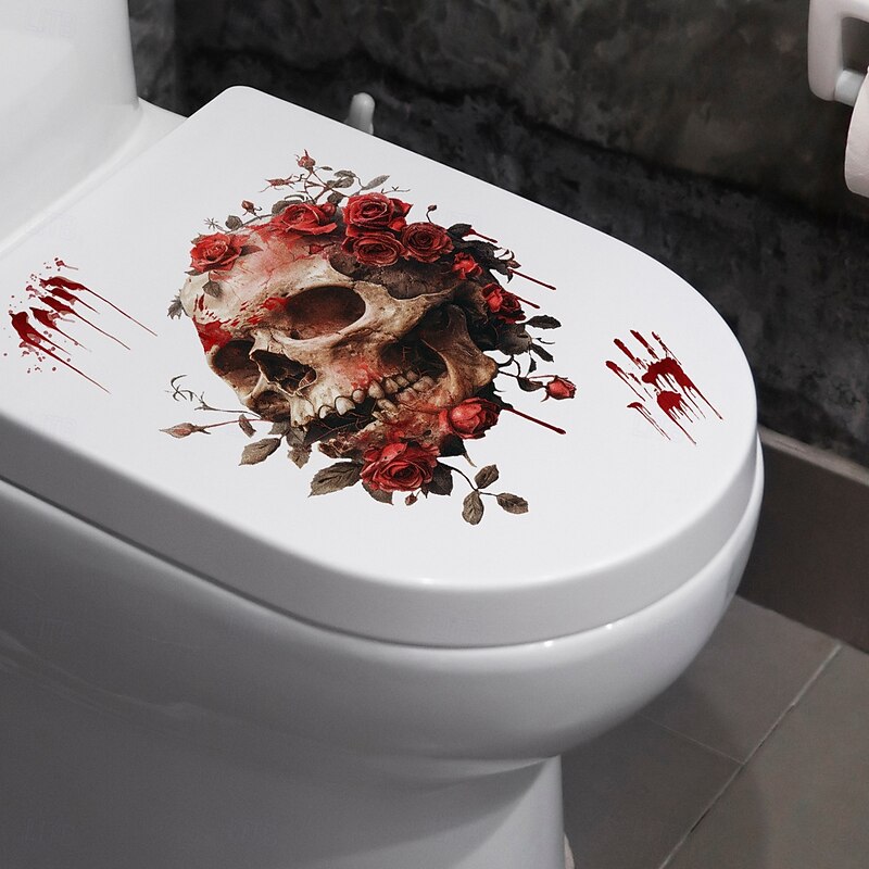 Halloween Toilet Seat Decal Sticker Rose Skull Design PVC Bathroom Toilet Lid Sticker, Self-Adhesive Halloween Wall and Toilet Decor4