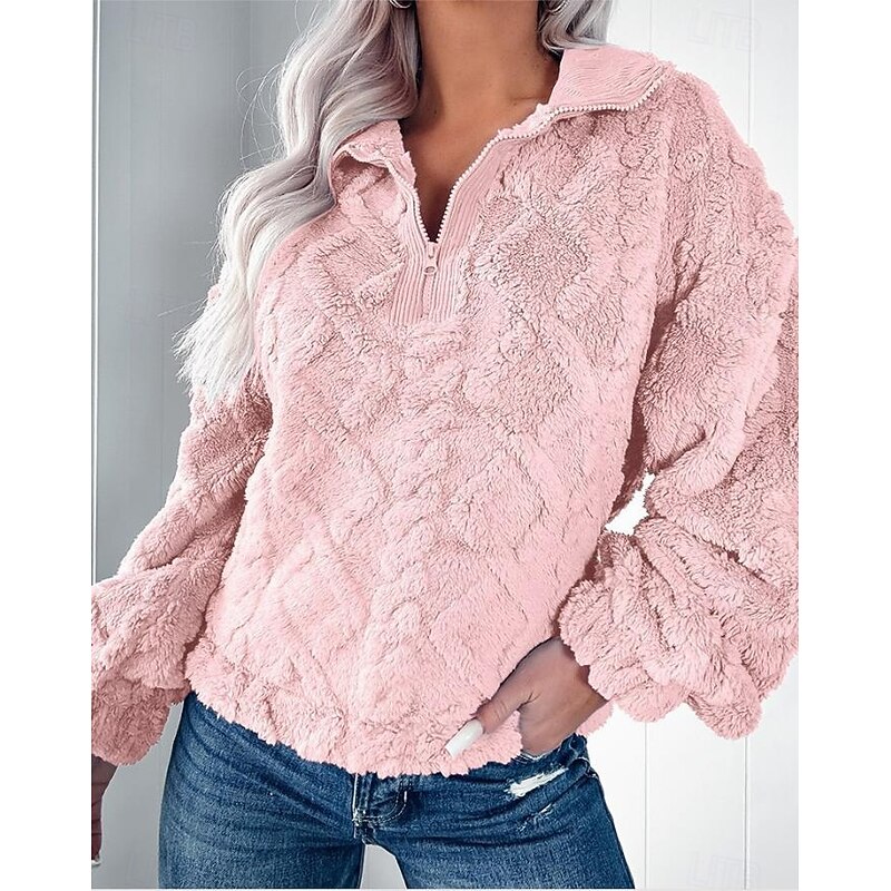 Women's Sweatshirt Elegant Fashion Comfrt Fleece Plain Work Dailywear Casual Hoodie Zipper Loose Fit Long Sleeve Pink Purple Khaki Light Grey Fall Winter