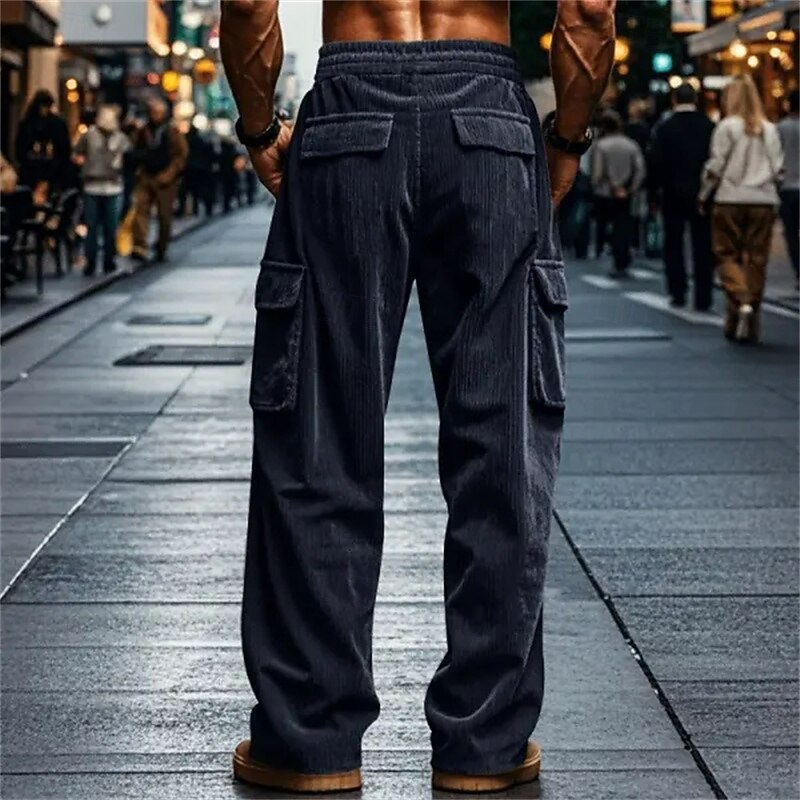Men's Cargo Pants Corduroy Pants Trousers Baggy Pants Casual Pants Drawstring Elastic Waist Multi Pocket Plain Comfort Soft Full Length Outdoor Daily Going out Fashion Streetwear Navy Blue Brown2