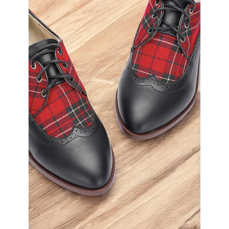 Women's Black Leather Oxford Shoes with Red Tartan Plaid Panels - Vintage Style for Formal and Casual Wear3