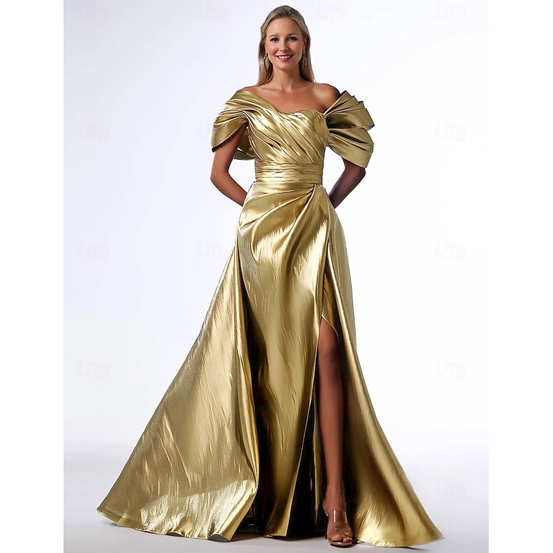 A-Line Evening Gown Elegant Dress Formal Floor Length Short Sleeve Square Neck Pocket Satin with Pleats