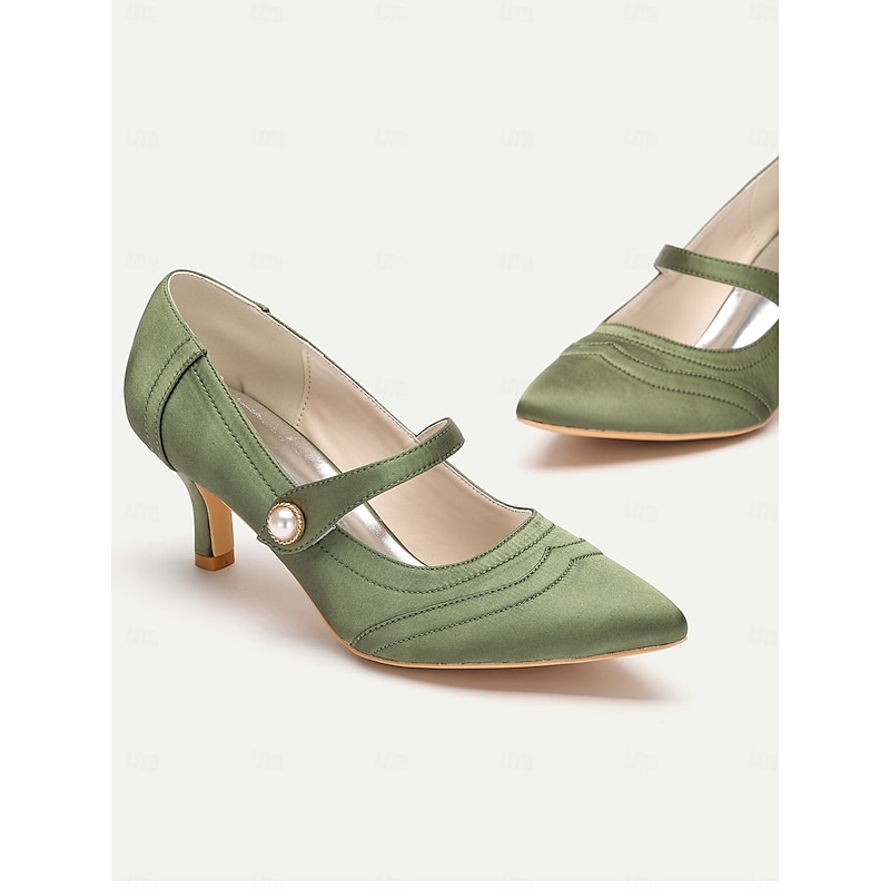 Green Mary Jane Satin Heels with Pearl Button - Elegant Women's Dress Shoes for Formal Events and Office Wear2