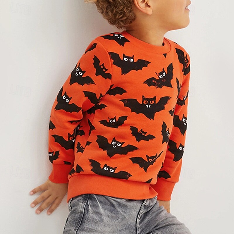Halloween Boys 3D Cartoon Bat Sweatshirt Long Sleeve Spring Fall Fashion Basic Nylon Little Kids(4-7ys) 4-7 Years Crew Neck Outdoor Casual Daily Regular Fit3