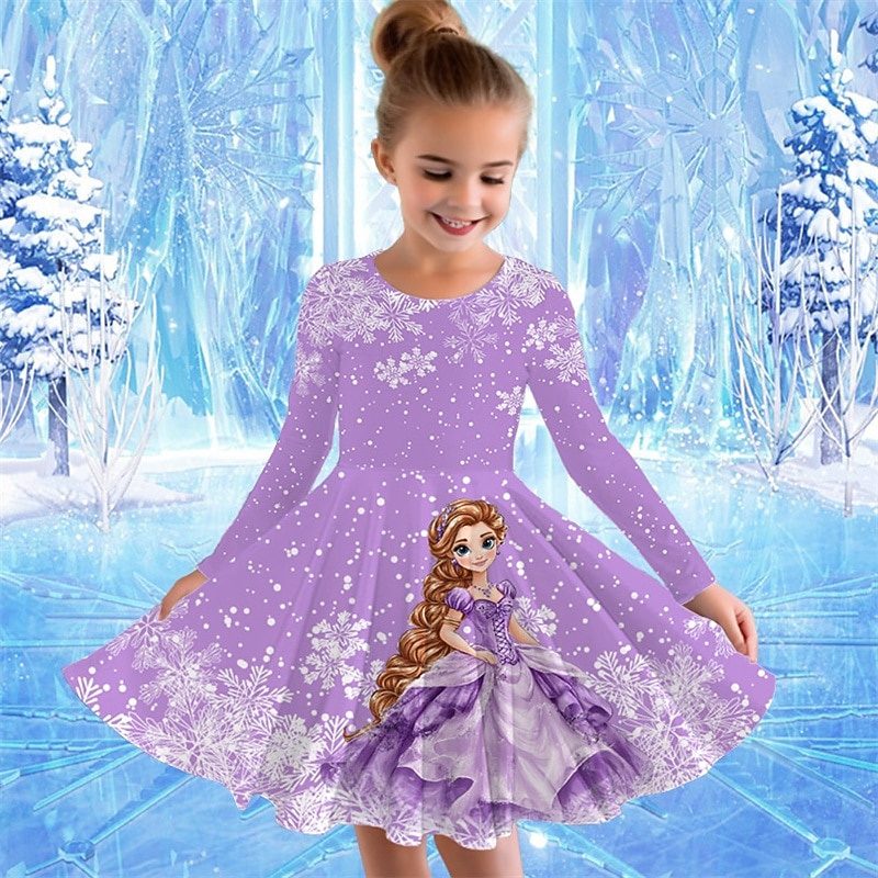 Girls' 3D Graphic Cartoon Snowflake Dress Long Sleeve Summer Spring Vacation Daily Holiday Beautiful Sweet Kids 4-12 Years Casual Dress A Line Dress Knee-length Regular Fit