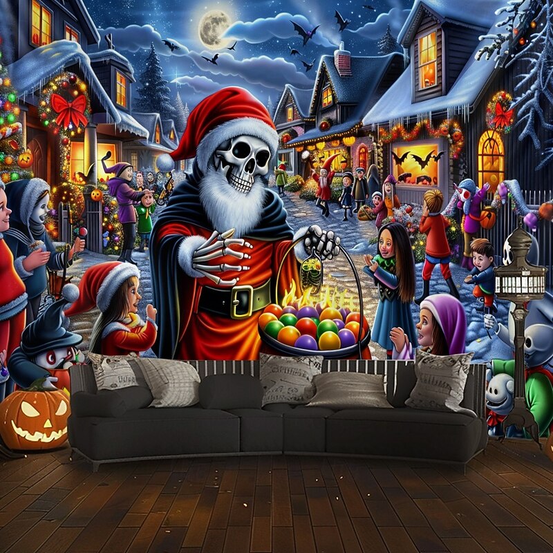 Hanging Tapestry Skeleton Christmas Santa Claus Wall Art Large Tapestry Mural Decor Photograph Backdrop Blanket Curtain Home Bedroom Living Room Decoration4
