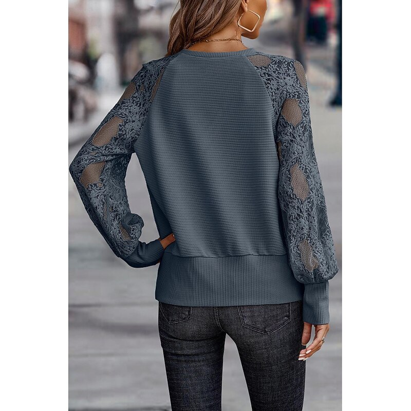 Women's Blouse Stylish Modern Lace Long Sleeve Regular Tops V Neck Work Daily Dark Gray Spring Fall2