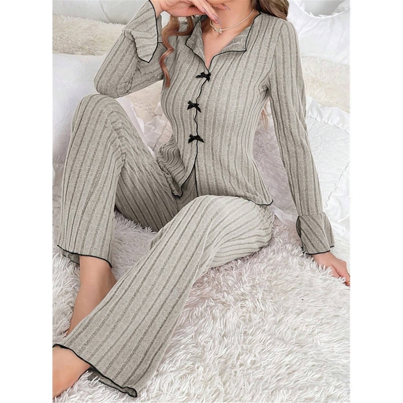 Women's Pajamas Sets Pure Color Fashion Comfort Home Daily Bed Knit Breathable V Wire Long Sleeve Sweater Pant Elastic Waist Fall Winter Home Outfits