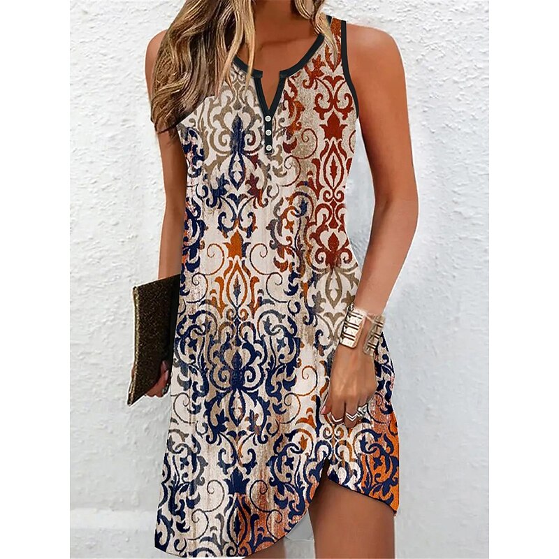 Women's Mini Dress Petite Dress T Shirt Dress Tee Dress Sundress Summer Dress Vintage Ethnic Tribal Outdoor Vacation Casual Regular Fit Floral Tribal Sleeveless Split Neck Yellow Red Khaki3